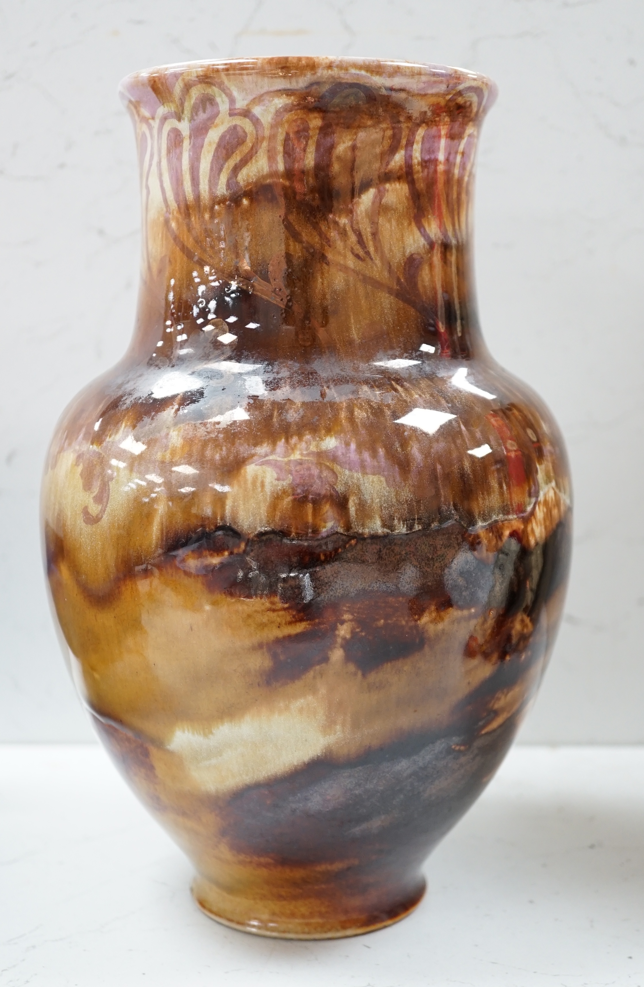 An experimental Doulton Lambeth vase with lustre effects, possibly by John Huskinson - Ex Richard Dennis Exhibition, 27cm tall. Condition - good